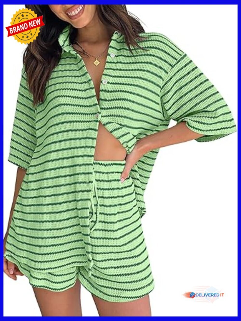 Women's Knit 2 Piece Matching Lounge Set Button Down Short Sleeve Top &